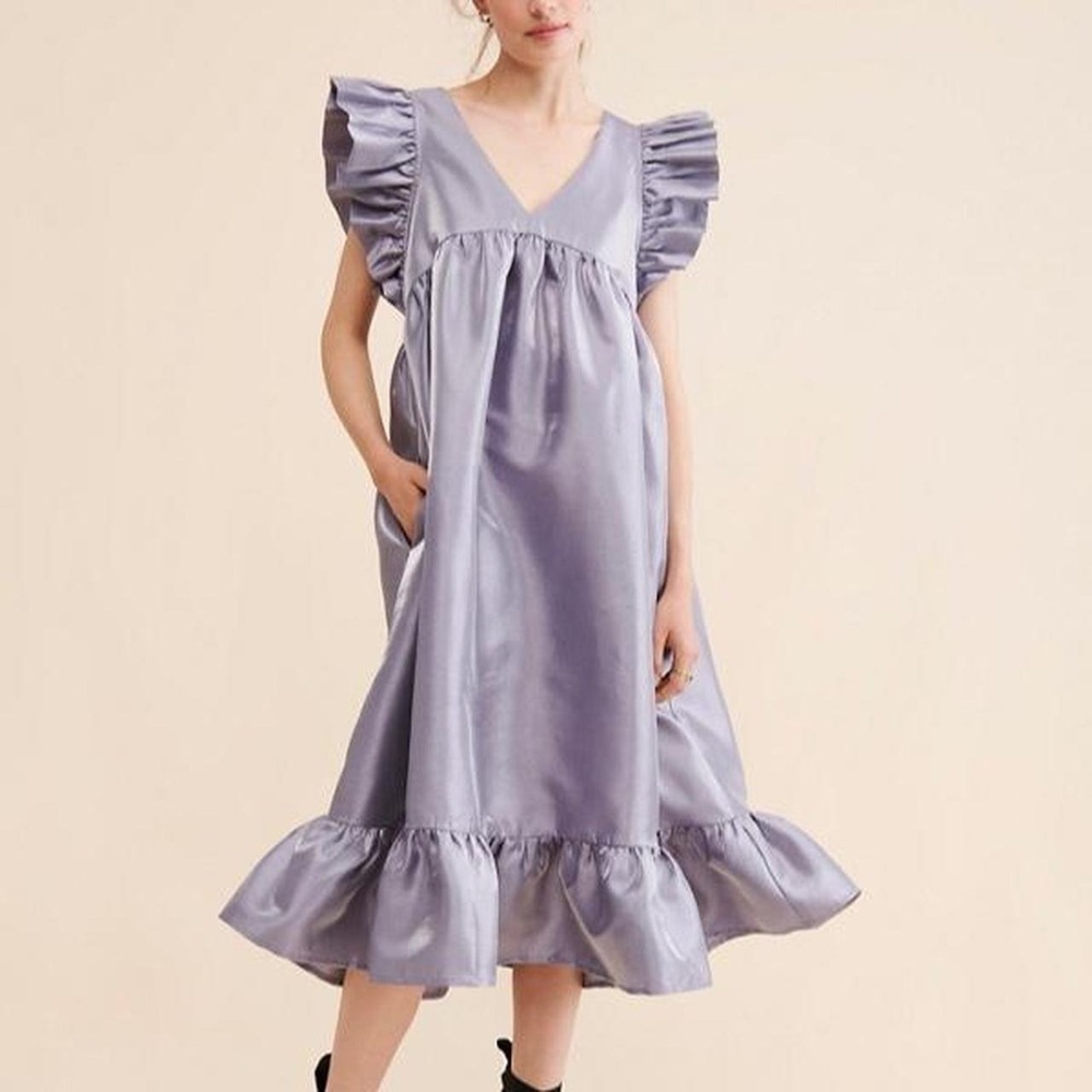 Dhruv Kapoor Metallic Babydoll Midi Dress Women's Size Large Petite Purple/Gray